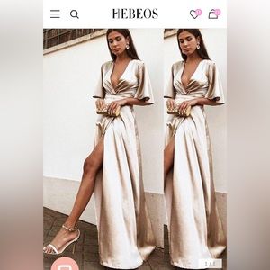 Hebeos champagne dress - size 6 - short sleeves V-neck - floor length